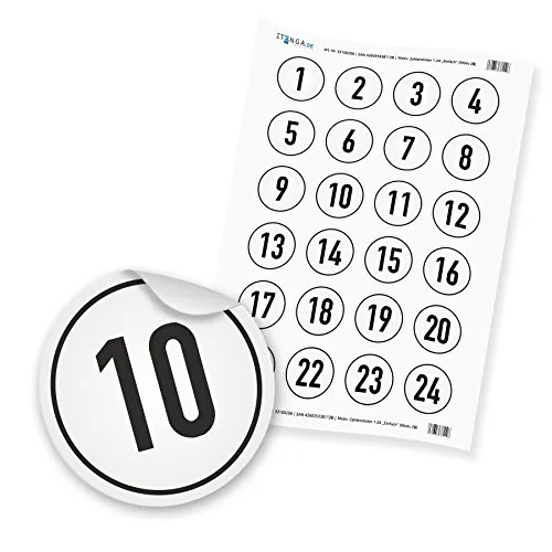 itenga Adventskalenderzahlen - Zahlensticker 1-24 Zahl 4cm rund schwarz Zahlenaufkleber Hochglanz