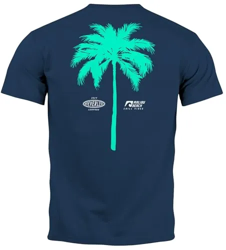 Neverless® Herren T-Shirt mit Palmen-Print Baumwollstoff und Grafik Aufdruck Sommer Fashion Streetstyle Navy-Tuerkis XXL