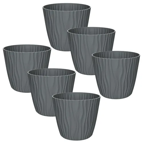 Engelland - 6 x Blumentopf mit Bewässerungssystem, Anthrazit, Ø 14 cm, Pflanzkübel, Übertopf, 3D-Wellenmuster, Innen- & Außenbereich, Drainagesystem & Wasserspeicher, rund, Kunststoff