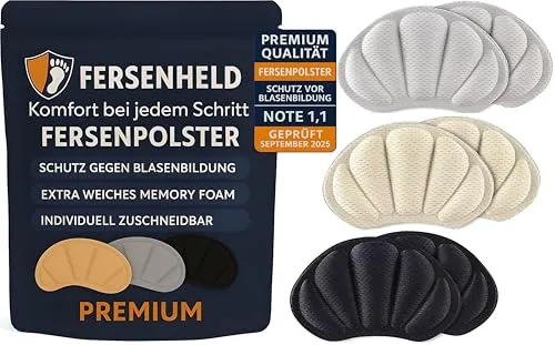 Fersenheld Premium Fersenpolster gegen Blasen & Rutschen [3 Paar] – Atmungsaktiver Fersenschutz – Weiche, hautfreundliche Schuheinlagen für zu große oder scheuernde Schuhe.