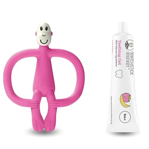 Matchstick Monkey Zahnungs-Set - Beißring + Bio Zahnungsgel Erdbeere-Banane – Natürliche Zahnungshilfe für Babys ab 3 Monaten, Vegan, Tierversuchsfrei, BPA-frei (Affe pink + Zahnungsgel)