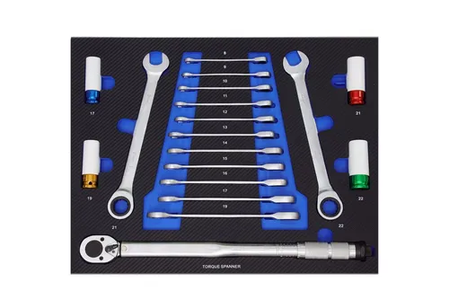 TRUTZHOLM Profi Werkzeugset mit Werkstattwagen Einlage - Werkzeugsets mit stabiler Schaumstoffeinlage, 13-tlg. Ring-Gabel-Ratschenschlüssel-Satz und Drehmomentschlüssel für präzises Arbeiten in der Werkstatt.