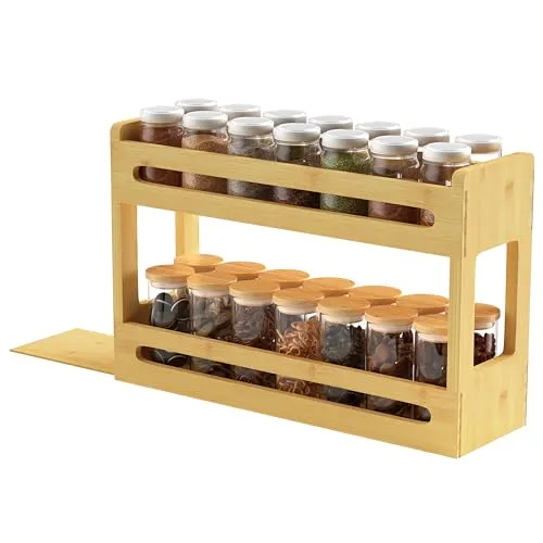 Ribelli 2 Etagen Gewürzregal aus Bambus - Gewürzregal aus natürlichem Bambus, mit ausziehbarem Design für einfachen Zugriff, ideal für Küche und Bad - elegant und umweltfreundlich.