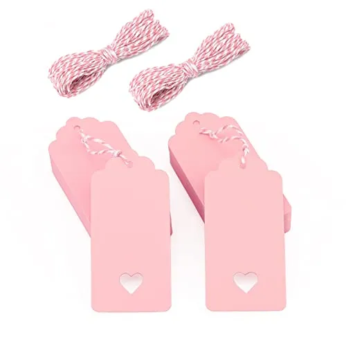 jijAcraft 100 Stück Geschenkanhänger Hochzeit, Rosa Anhänger Kraftpapier Etiketten 9,5 x 4,5 CM, Anhängeetiketten mit Rosa und Weiß Schnur, für Valentinstag, Hochzeit, Geschenkverpackung