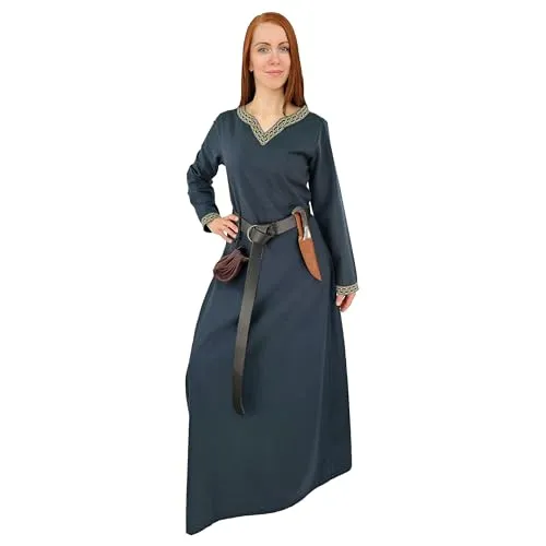 Vehi Mercatus Mittelalter Kleid Langarm, mit Borte Sigyn Baumwolle- Blau, Rot, Gr??n, Schwarz oder Braun- Mittelalter, LARP, Reenactment (DE/NL/SE/PL, Alphanumerisch, S, Regular, Regular, Blau)