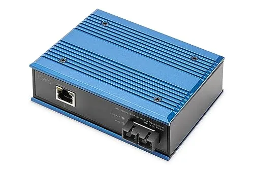 DIGITUS Industrieller Gigabit Medien Konverter - Netzwerk-Switches mit 20 km Reichweite, wandelt RJ45 in Glasfaser um und bietet hohe Ausfallsicherheit für stabile Verbindungen.