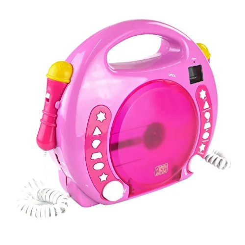 X4 TECH Bobby Joey - Pink Kinder CD Player mit Karaoke-Funktion - Boomboxen & MP3-Player mit Mit-Sing-Funktion, ideal für kleine Sänger, unterstützt CD, MP3, SD-Karte und USB-Stick, inklusive 2 Mikrofonen für Karaoke-Spaß.
