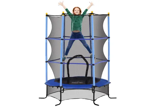 HOMCOM Kindertrampolin Ø163 cm mit Sicherheitsnetz - Trampolin für Kinder 3-10 Jahre, sicher und robust mit gepolsterten Stützen und Randabdeckung für unbeschwerten Sprungspaß drinnen und draußen.