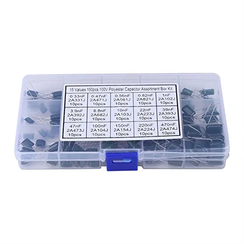 Akozon Polyester Folienkondensatoren Sortiment 150 stücke 100 V 15 Wert 0,33nF-470nF Polyester Film Kondensatoren Sortiment Kit Box