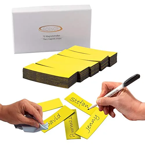 ECENCE Magnetstreifen beschreibbar 75 Stück - 60x20mm - abwischbare Magnetschilder - Magnet-Etiketten zuschneidbar für Whiteboards, Kühlschränke, Magnettafeln - Gelb