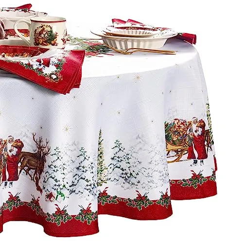 Elrene Home Fashions Villeroy & Boch Toy's Fantasy Holiday/Christmas Santa Winter Woodland Engineered Fabric Tablecloth, 152,4 x 213,4 cm, oval, Mehrfarbig