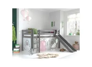 Spielbett Pino inkl. Rutsche und Textilset - Hochbett aus massiver Kiefer, grau lackiert, mit montierbarer Rutsche für Spielspaß und Schlafkomfort im Kinderzimmer.