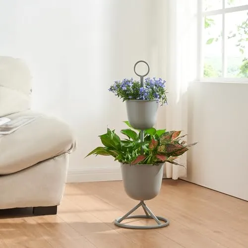 [en.casa] Blumenständer Alphen Blumentopfständer mit 2 Pflanztöpfen Blumentopfregal Pflanzenständer Blumentopfhalter Metall 76,5xØ26cm Grau