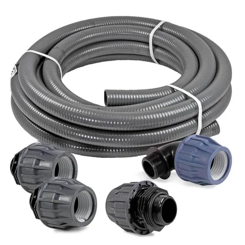 Poolanschluss-SET 25m - Flexibler PVC Druckschlauch Ø 50mm mit Fittinge - Pool Zubehör für Stahlwandbecken, inklusive 25m langlebigem Druckschlauch und praktischen Fittinge für einfache Installation.