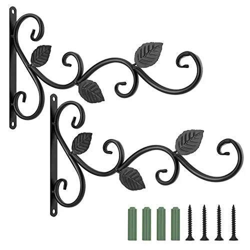 Lewondr Haken für Blumenampel, 2 Stück Retro Aluminiumlegierung Wandhaken Aufhänger Halterung mit Schrauben für Blumentöpfe Pflanzen Laternen, Garten Balkon Zaun Außen Deko - Blatt, Schwarz
