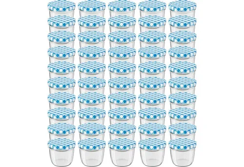 Wellgro Vorratsglas Einmachgläser - 230 ml, 50-tlg, blau kariert - Vorratsgläser für selbstgemachte Lebensmittel - umweltfreundlich, wiederverwendbar und ideal zum Verschenken. Hochwertige Materialien sorgen für luftdichte Aufbewahrung.