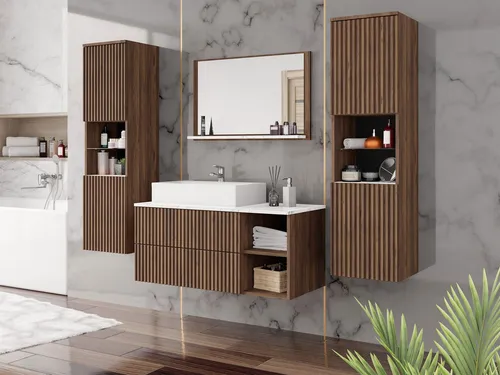 MIRJAN24 Badmöbel Kertos Rillen III, 5er-Set - Badezimmerschränke mit elegantem Design, inklusive grifflosen Fronten und hochwertigem Marmor-Optik Waschbecken für moderne Badezimmer.