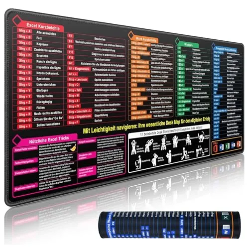Huucozn Schreibtischunterlage Excel Deutsch Tastenmeister Mauspad Deutsch Büro Mauspad Groß 800x300 mm Spickzettel Schreibtisch Unterlage Shortcuts Mousepad Gaming desk mat für Office Word PPT Windows