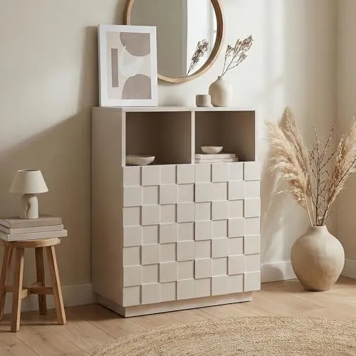 [en.casa] Highboard Wohnzimmer Bopibobro Hochschrank mit 2 Türen und 3D-Front - Stilvolles Highboard mit modernem Design und praktischem Stauraum. Zwei Türen und vier Fächer bieten Platz für Deko und persönliche Gegenstände. Ideal für jedes Wohnambiente – einfach zu montieren und leicht zu reinigen.