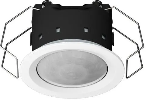 Jung 3361-1MWW Präsenzmelder Mini Universal - Bewegungsmelder mit 360° Erfassungsfeld, integrierter Temperaturmessung und Helligkeitssensor für intelligente Lichtsteuerung in Innenräumen.