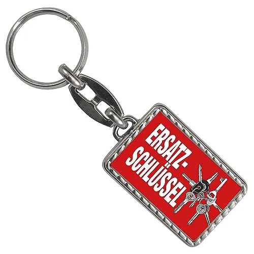 speecheese Ersatzschlüssel Schlüsselanhänger mit Bordüre mit Schlüsselbund-Motiv in Rot als praktisches Mitbringsel für einen Hausmeister oder jemanden mit vielen Schlüsseln