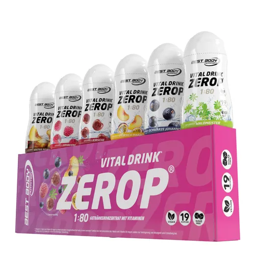 Best Body Nutrition Vital Drink ZEROP Mix-Box 6 x 48 ml - Zuckerfreies Getränkekonzentrat mit 6 fruchtigen Geschmacksrichtungen, enthält wertvolle Vitamine für Energie und Wohlbefinden, ideal für schnelle Zubereitung und kohlenhydratreduzierte Ernährung.