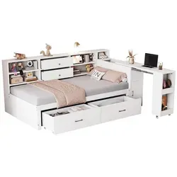 Holzschlafsofa,Holzbett,multifunktionaler Stauraum,verdeckte Staufächer+Regale,2 große Schubladen,Multifunktionssteckdose,ausziehbarer Schreibtisch
