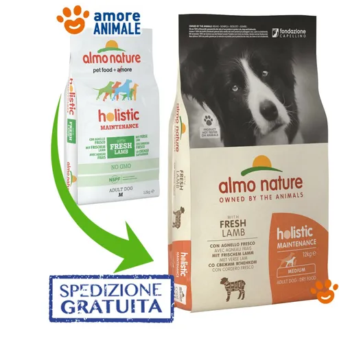 almo nature Holistic Adult Dog Maintenance Medium - Trockenfutter mit frischem Lamm - Hundefutter für mittelgroße Rassen, reich an frischem Fleisch, ausgewogen und leicht verdaulich, ohne chemische Zusatzstoffe - ideal für gesunde Ernährung.
