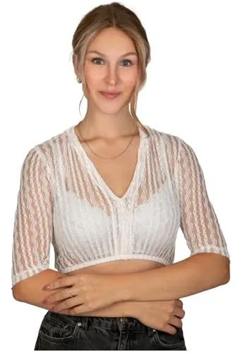 Edelnice Trachtenmode Dirndlbluse Anna - Creme oder Grün, Gr. 32-50 - Dirndlblusen für Damen, elegante Farben und ellbogenlange Ärmel für stilvolle Bedeckung, aus elastischem Stoff für höchsten Tragekomfort.