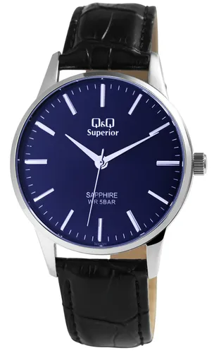 Q&Q Superior Herrenuhr mit Echtlederarmband, Edelstahlgehäuse, Saphirglas, 5 bar