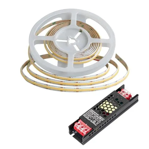 ENERGMiX 10m COB LED Streifen Strip DC 24V - LED Streifen mit 480 LEDs für nahtlose, gleichmäßige Beleuchtung, ideal für kreative Innenraumgestaltungen. Inklusive Trafo für einfache Installation und dimmbare Funktion.