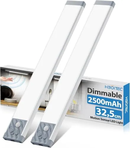 HIBOITEC Schrankbeleuchtung Kabellos 32,5cm 2500mAh, Dimmbar Schrankbeleuchtung mit Bewegungsmelder, 70LED Schranklicht Unterbauleuchte LED Leiste Batterie Weißes Licht