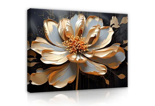 Wallarena Leinwandbild Blumen Kunst Gold Wandbild XXL Leinwandbilder Modern, Kunst (Einteilig, 1 St), Leinwandbild Leinwand Bilder Bild Groß Aufhängefertig