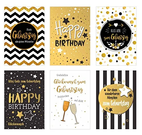Edition Seidel Set 6 exklusive Premium Geburtstagskarten mit feiner Goldprägung und Umschlag. Glückwunschkarte Grusskarte Geburtstag Geburtstagskarte Mann Frau Karten Happy Birthday Billet Sprüche