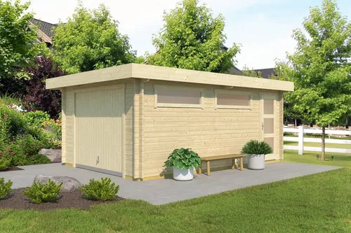 Garage Pultdach 44 mm Canberra mit Schwingtor - Geräumige Garage mit 18,66 m² Nutzfläche, abschließbarem Schwingtor und robustem Holzbau, ideal für Autos und Geräte. Perfekt für Garten und Grundstück.