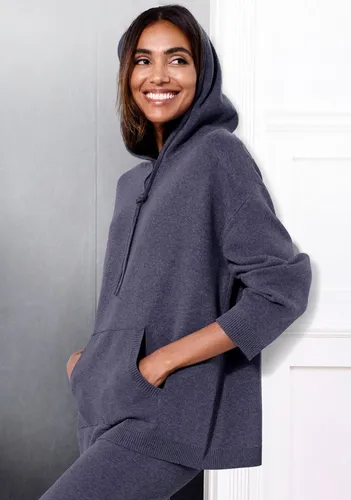 Hoodie ELBSAND für Damen, Gr. 40/42 - Blau Meliert - Bequemer Feinstrick-Hoodie mit hoher Viskose-Qualität. Ideal für den lässigen Look im Alltag, ausgestattet mit Kängurutasche und Kapuze.