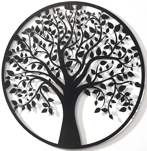 Kobolo Wandbild Wanddeko Metallbild - LIVING - Metall rund schwarz - Lebensbaum Baum - 60cm
