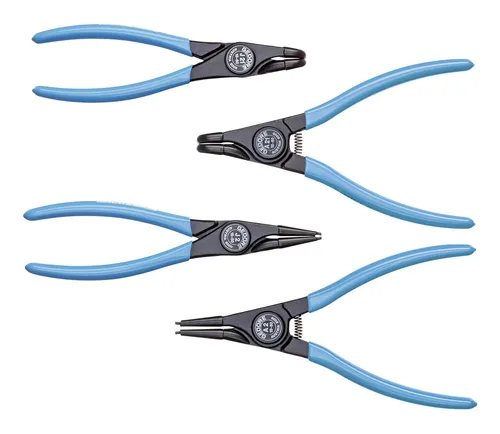 Zangen-Set für Außen- und Innenringe 19-60mm - Zangen-Sets für Seegeringe mit geraden und 90° gewinkelten Backen, ideal für präzise Arbeiten. Ergonomische Griffe mit rotem und blauem Schutz für besseren Halt.