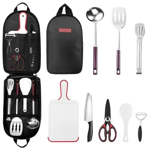 Odoland Küchenhelfer 9 Teiliges Küchengerät Set Outdoor Kochgeschirr Set mit Santokumesser Küchenscher Pfannenwender Zange Schöpflöffel Schneidbretter idea für Camping Picknick Reisen Wandern Garten