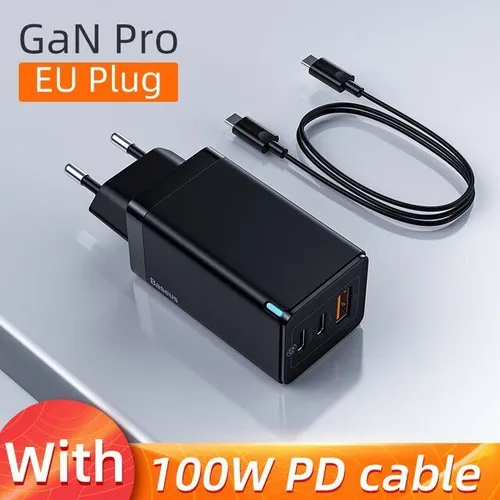 Baseus GaN Ladegerät 65W USB Typ C Schnellladen - Ladegeräte & Dockingstationen mit 3 Anschlüssen, ideal für schnelles Laden von Laptops und Handys. Inklusive Typ C Ladekabel und 1 Jahr Garantie.