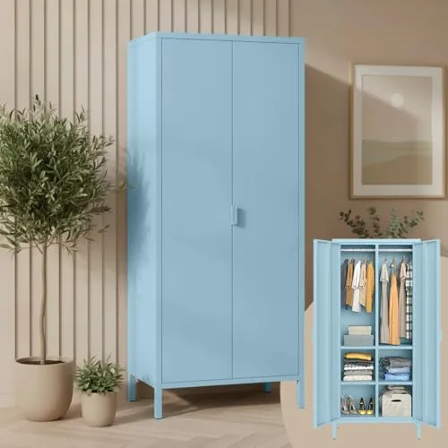skølm Ituri Metallschrank Blau – Moderner Kleiderschrank im Industrial Style mit 6 Fächern - Stylischer Metallschrank mit 6 Fächern und 2 Kleiderstangen. Ideal für Flur, Wohnzimmer oder Schlafzimmer. Robuste Bauweise und einfache Montage für vielseitige Nutzung.