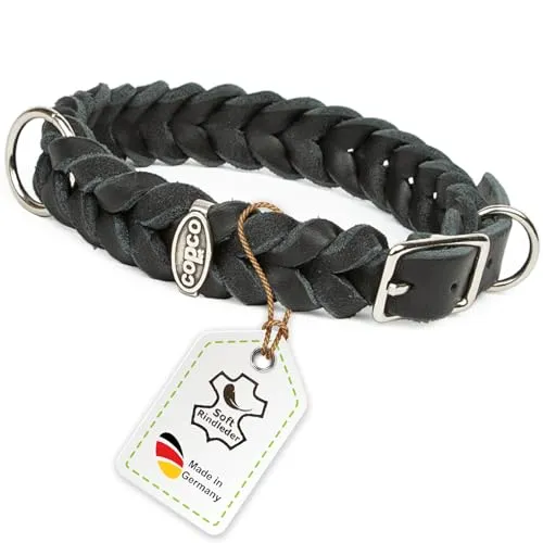 CopcoPet Hundehalsband aus Fettleder 35–39 cm x 25mm Schwarz – Geflochtenes Lederhalsband – verchromt mit Dornschließe – Robust & verstellbar – Für mittelgroße Hunde, ideal für Alltag & Training