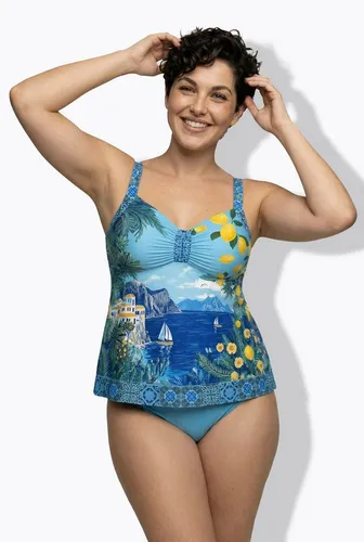 Ulla Popken Damen Plus Size Tankini Holiday in Hell Saphir - Eleganter Tankini für große Größen mit sonnigem Urlaubsmotiv. Verstellbare Träger, Softcups und geraffte Büste sorgen für optimalen Tragekomfort. Ideal für entspannte Tage am Strand.