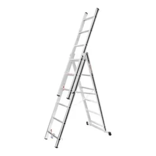 Hymer Alu-Pro 3x6 Sprossen Allzweckleiter - Mehrzweckleiter mit hoher Standsicherheit, ideal für verschiedene Anwendungen. Inklusive Klemmbeschlag für Treppenstellung und stabile Traverse für extra Sicherheit.