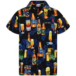 King Kameha Hawaiihemd Beerbottle Funky Hawaii-Hemd Herren Kurzarm Front-Tasche Stylish schwarz M