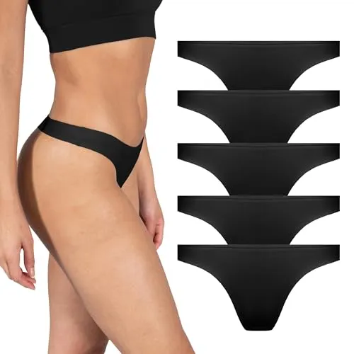 SMILODOX Seamless String Slips Damen, Nahtlos Hipster, Unsichtbare Unterhosen, Stabiler Halt mit Innenzug, Bequeme Unterwäsche, Sexy Fauen Panties Bikini 5er Pack Tanga, Größe:M/L, Color:Schwarz