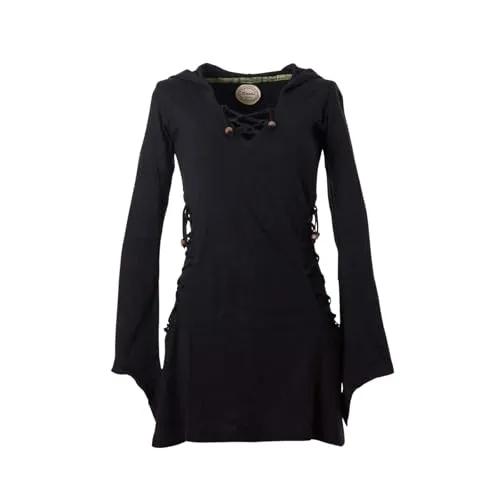 Vishes Elfenkleid mit Zipfelkapuze & Schnürbändern in Schwarz | Größe XS (36-38) | Handgefertigt aus 100% Baumwolle | Ideal für Herbst & Frühjahr | Nachhaltige Alternative Bekleidung