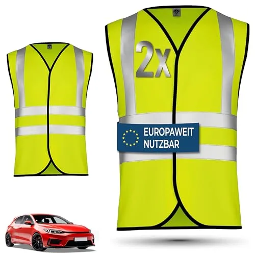 OMKA Warnwesten 2er Set Auto – Sicherheitswesten Herren & Damen nach EN ISO 20471:2026 – Reflektierende Warnwesten 360° Sichtbarkeit – Europaweit gültige Pannenwesten für PKW, KFZ & Reisen, L