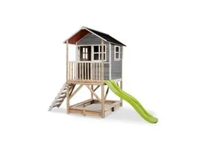 EXIT Holzspielhaus Loft 500 - Grau - FSC® zertifiziertes Zedernholz-Spielhaus, witterungsbeständig mit wasserdichtem Bitumendach, ideal für kreative Spielabenteuer im Freien.