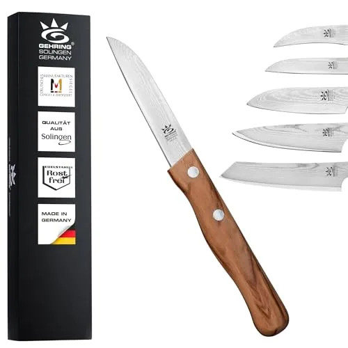 Gehring Solingen Look Damast Gemüsemesser I 8 cm Klingenlänge I eisgehärter Damaststahl VG10 I ergonomischer Olivenholzgriff I Küchenmesser I Schälmesser I Damastmesser I Made in Germany